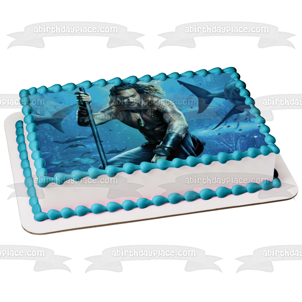 Aquaman Under Water Sharks and Fish Swimming Edible Cake Topper Image ABPID01267