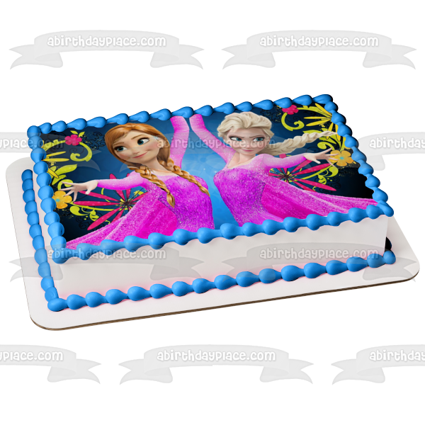 Imagen de decoración comestible para tarta con vestidos de baile rosas y flores de Frozen Anna Elsa ABPID01271 