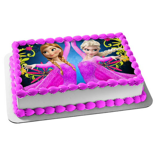 Imagen de decoración comestible para tarta con vestidos de baile rosas y flores de Frozen Anna Elsa ABPID01271 