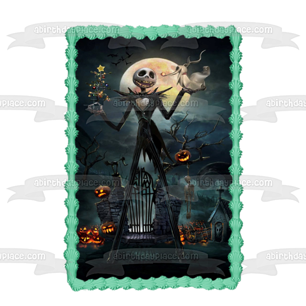 Pesadilla antes de Navidad Jack Skellington Árbol de Navidad Spooky Jack-O-Lanterns Adorno comestible para tarta Imagen ABPID53015 