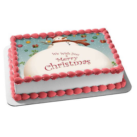 Snowman "We Wish You a Merry Christmas" Christmas Presents Edible Cake Topper Image ABPID53037