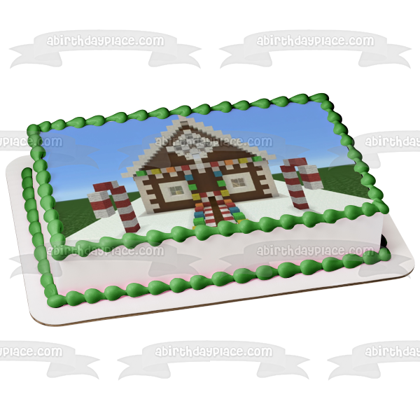 Minecraft Merry Christmas Minecraft Christmas Cottage and Candy Canes Edible Cake Topper Image ABPID53054