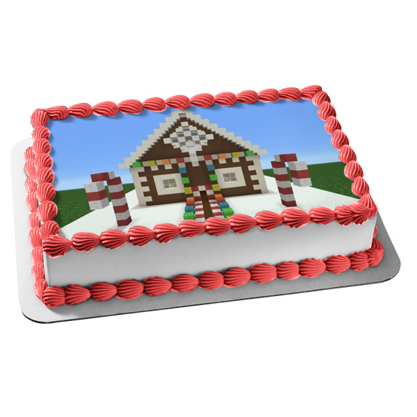 Minecraft Merry Christmas Minecraft Christmas Cottage and Candy Canes Edible Cake Topper Image ABPID53054