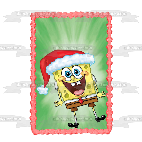 SpongeBob SquarePants Merry Christmas Santa Hat Edible Cake Topper Image ABPID53056