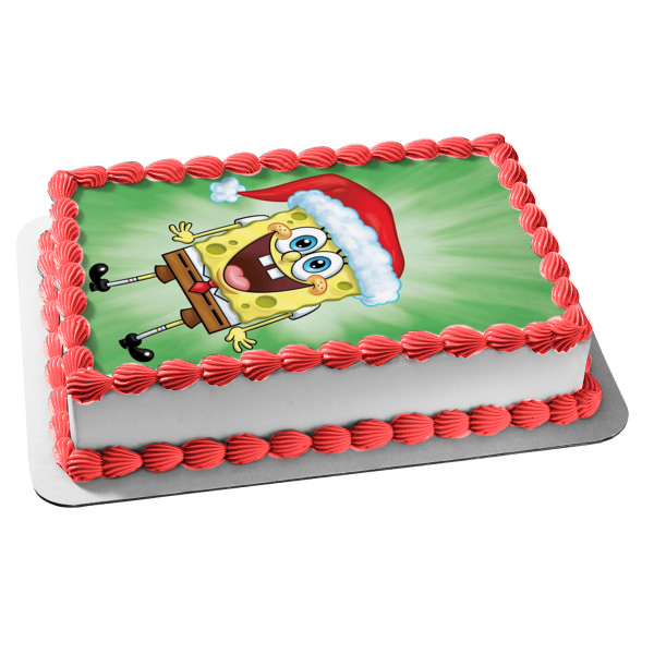 Adorno comestible para tarta con gorro de Papá Noel de Bob Esponja, Feliz Navidad, imagen ABPID53056 