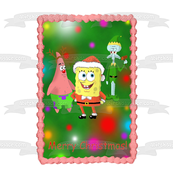 SpongeBob SquarePants Merry Christmas SpongeBob Santa Costume Squidword Elf Costume Patrick Reindeer Costume Edible Cake Topper Image ABPID53064