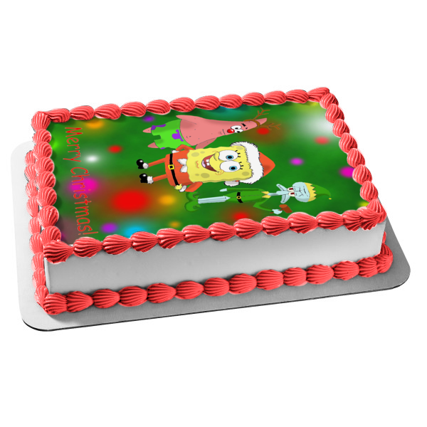 Spongebob Squarepants Merry Christmas Spongebob Santa Costume Squidword Elf Costume Patrick Reindeer Costume Edible Cake Topper Image ABPID53064