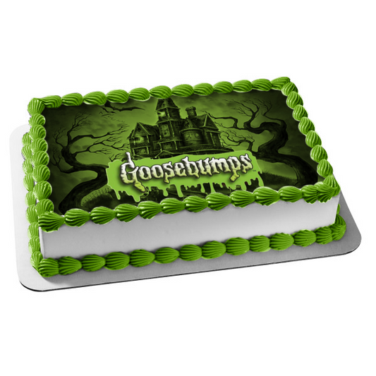 Imagen de decoración comestible para tarta con castillo encantado de murciélagos y árboles aterradores, piel de gallina, ABPID05028 