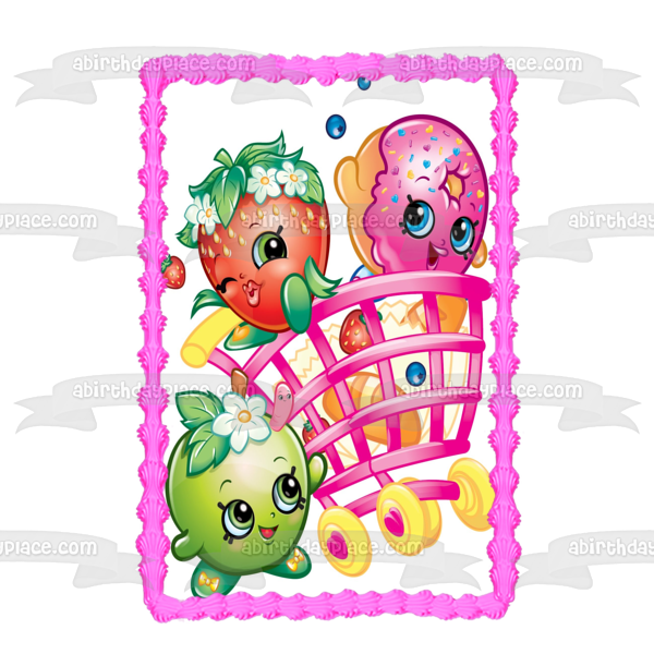 Shopkins Shopping Cart D'Lish Donut Strawberry Kiss and Apple Blossom Edible Cake Topper Image ABPID01316