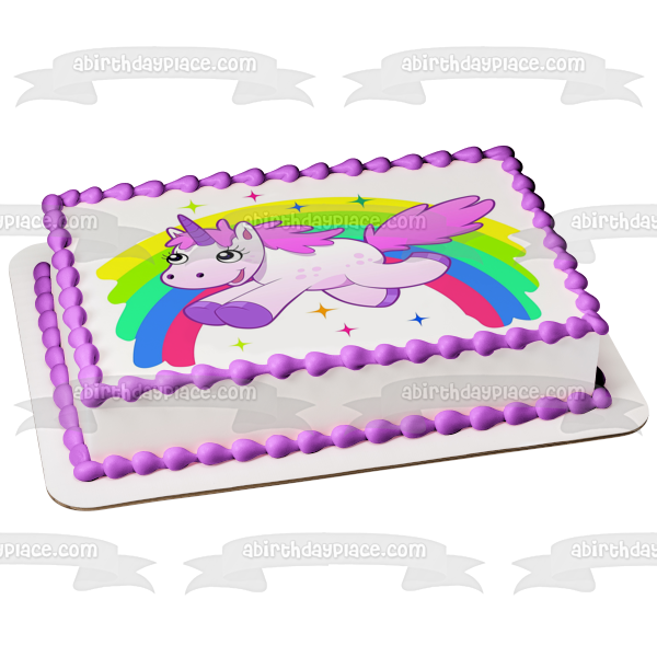 Adorno comestible para tarta con diseño de unicornio, arcoíris y estrellas, imagen ABPID01335 