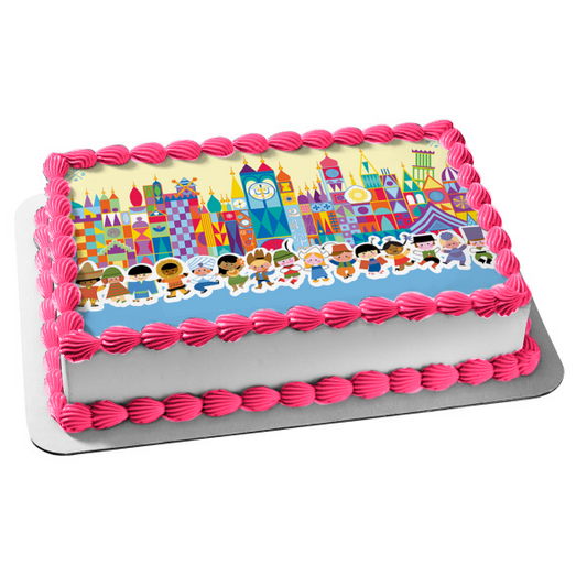 Imagen de decoración comestible para tarta con edificios de dibujos animados de It's a Small World Party ABPID01382 