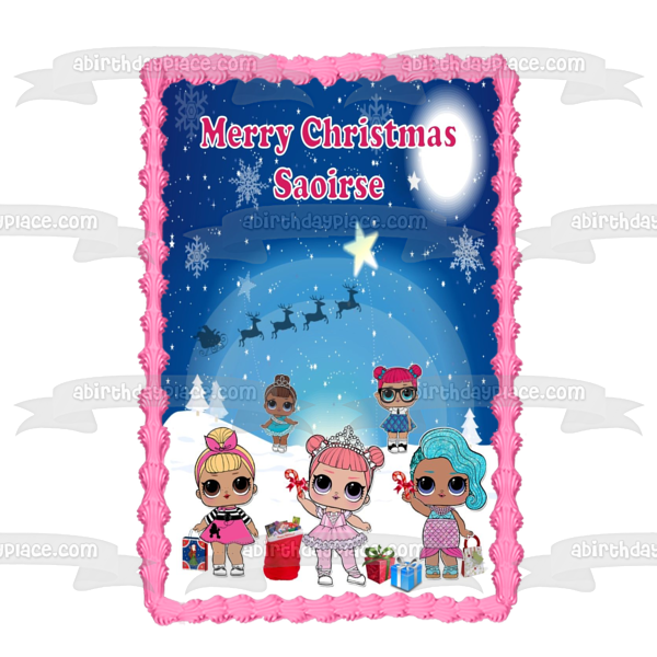 LOL Surprise Merry Christmas "Your Personalized Name" Teacher's Pet Splash Queen Reindeer Christmas Presents Edible Cake Topper Image ABPID53092