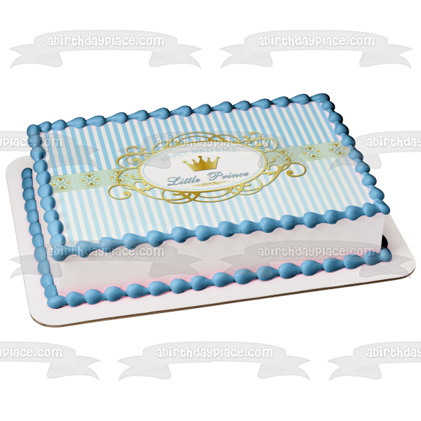 Feliz cumpleaños Principito Corona dorada Fondo de rayas azules y blancas Imagen comestible para decoración de tarta ABPID01393 