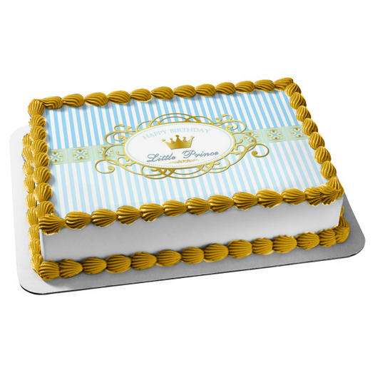 Happy Birthday Little Prince Gold Crown Blue and White Striped Background Edible Cake Topper Image ABPID01393