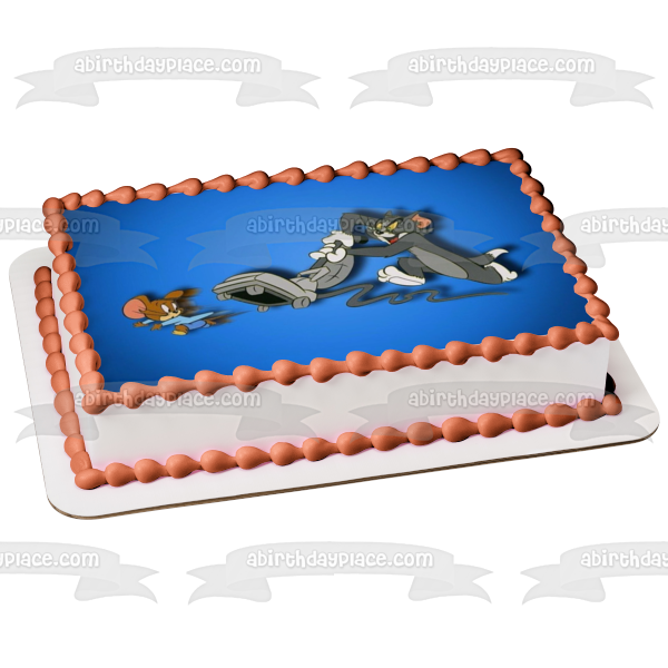 Tom y Jerry persiguiendo con una aspiradora y un fondo azul Imagen comestible para decoración de tarta ABPID01405 