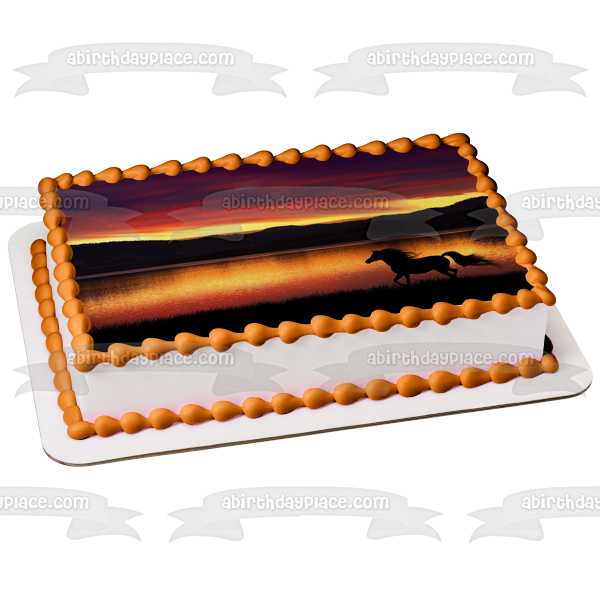 Horse Running Silhouette Sunset Background Edible Cake Topper Image ABPID01413