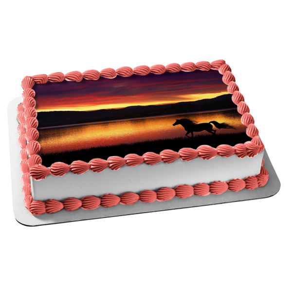 Horse Running Silhouette Sunset Background Edible Cake Topper Image ABPID01413