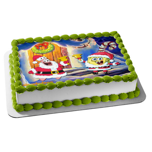 Bob Esponja Pantalones Cuadrados Feliz Navidad Bob Esponja y Patricio disfrazados de Papá Noel Adorno comestible para tarta Imagen ABPID53103 