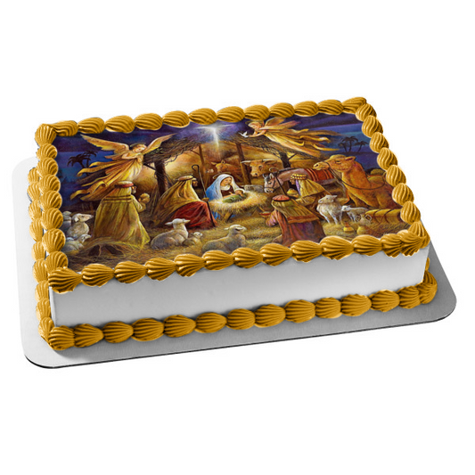 Nativity Scene Merry Christmas Happy Birthday Jesus Edible Cake Topper Image ABPID53105