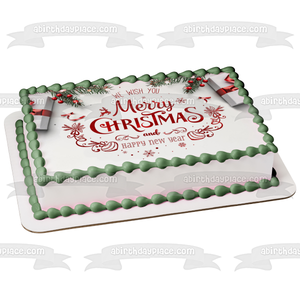 We Wish You Merry Chirstmas and Happy New Year Christmas Decorations Edible Cake Topper Image ABPID53106