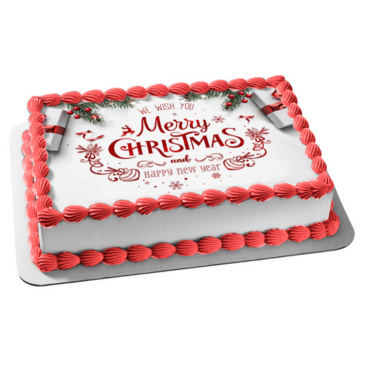 We Wish You Merry Chirstmas and Happy New Year Christmas Decorations Edible Cake Topper Image ABPID53106