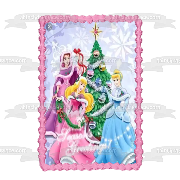 Princesa Disney Feliz Navidad Bella Cenicienta Aurora Árbol de Navidad Adorno comestible para tarta Imagen ABPID53120 