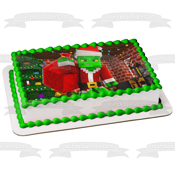 Minecraft Merry Christmas Santa Claus Creeper Christmas Tree Edible Cake Topper Image ABPID53124