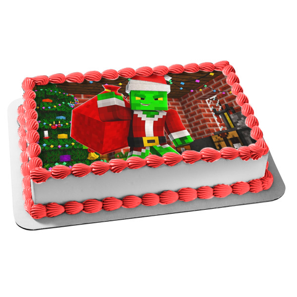 Minecraft Merry Christmas Santa Claus Creeper Christmas Tree Edible Cake Topper Image ABPID53124