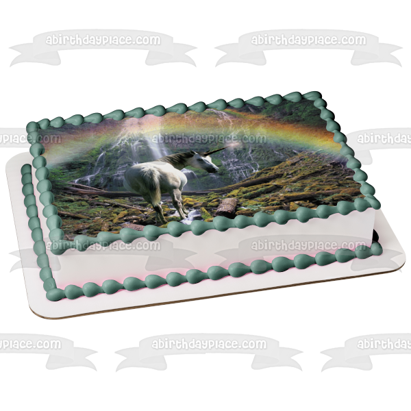 Adorno comestible para tarta con cascada y árboles, arcoíris, unicornio blanco, imagen ABPID01474 