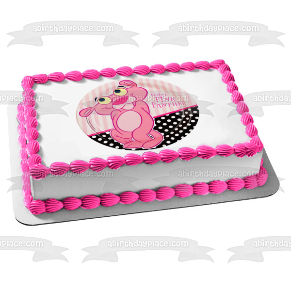 Baby Pink Panther Stripes and a Polka Dots Background Edible Cake Topper Image ABPID01475