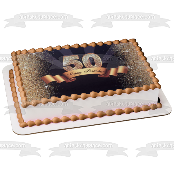 Happy 50th Birthday Gold Sparkles and Banner Edible Cake Topper Image ABPID01491