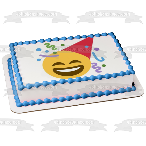 Party Hat Happy Emoji with Streamers Edible Cake Topper Image ABPID01506