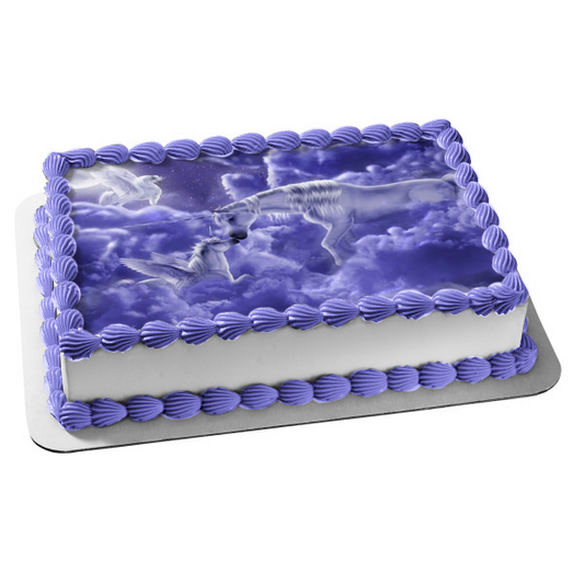 Unicornios, nubes, Pegaso y una luna azul, decoración comestible para tarta, imagen ABPID01508 