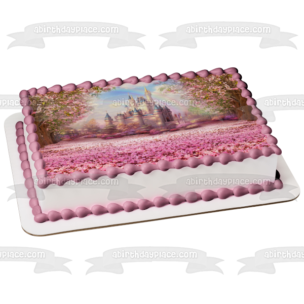 Castillo de Blancanieves, flores rosas y un arcoíris, adorno comestible para tarta, imagen ABPID01546 