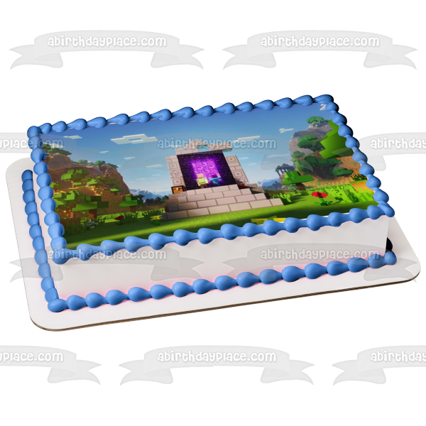 Minecraft Nether Portal Crafting Gaming Steve Edible Cake Topper Imagen ABPID53215 