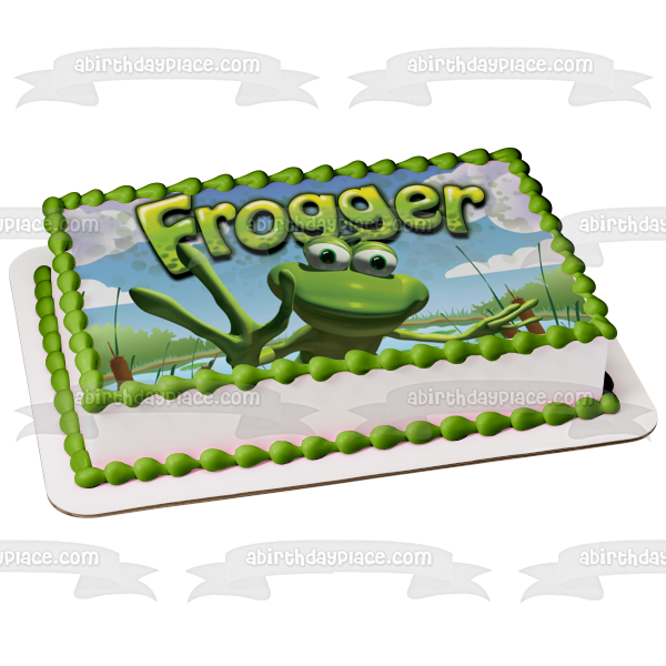 Imagen comestible para decoración de tarta con logotipo de Frogger, rana y nubes, ABPID01664 