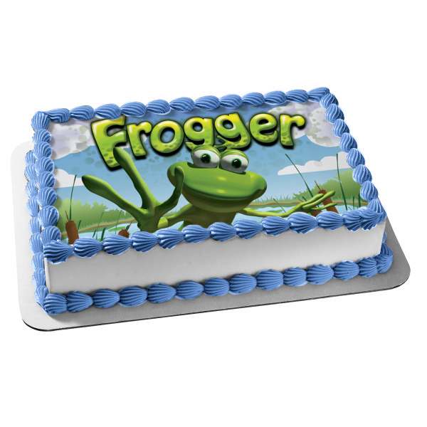 Imagen comestible para decoración de tarta con logotipo de Frogger, rana y nubes, ABPID01664 