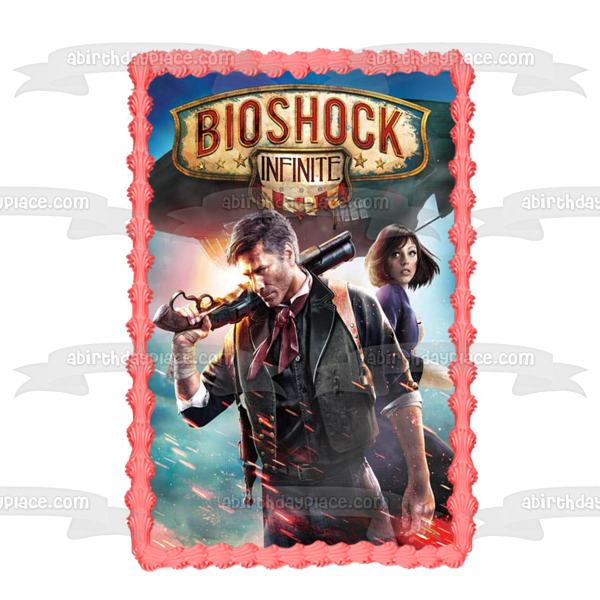 Imagen comestible para decoración de tarta con el logotipo de Bioshock Infinite, Booker Dewitt y Elizabeth, ABPID01767 