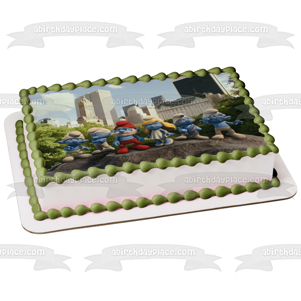 The Smurfs Central Park Papa Smurf Smurfette Grouchy Smurf Brainy Smurf and Gusty Smurf In Central Park Edible Cake Topper Image ABPID01769