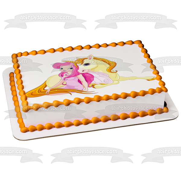 Adorno comestible para tarta con unicornio amarillo y hada rosa, imagen ABPID01813 