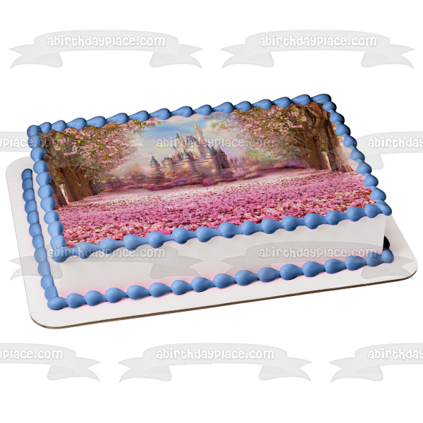 Castle Double Rainbow and Flowers Roses Pink Edible Cake Topper Image ABPID01977