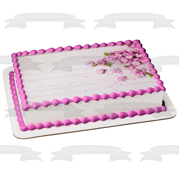 Adorno comestible para tarta con flores rosas y panel de madera blanca, imagen ABPID01984 