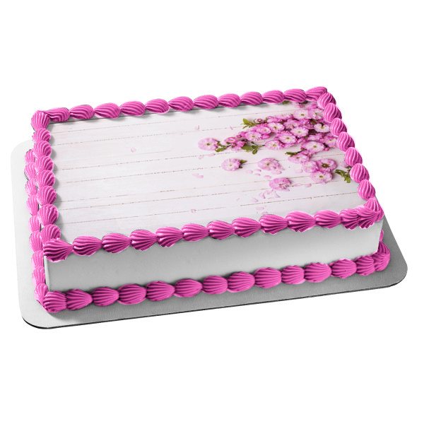 Adorno comestible para tarta con flores rosas y panel de madera blanca, imagen ABPID01984 