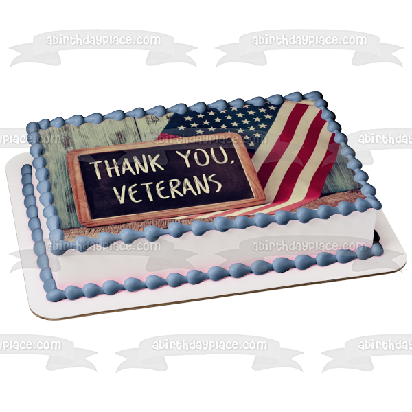 Pizarra de tiza "Thank You Veterans" del Día de los Veteranos con bandera estadounidense, decoración comestible para tarta, imagen ABPID53297 