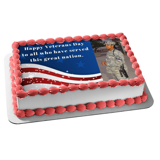 Happy Veterans Day Personalized Photo American Flag Edible Cake Topper Image ABPID53299