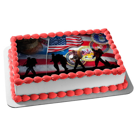 Happy Veterans Day American Flag Soldiers Silhouettes US Military Seals Edible Cake Topper Image ABPID53300