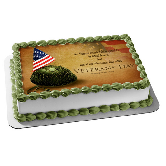 Happy Veterans Day Army Helmet American Flag Edible Cake Topper Image ABPID53304