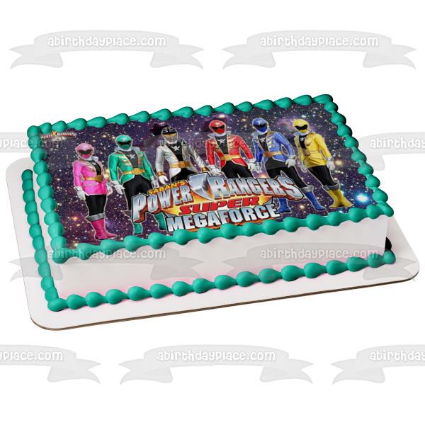 Saban's Power Rangers Super Mega Force Pink Ranger Green Ranger Red Ranger Yellow Ranger Blue Ranger Gold Ranger and the White Ranger Edible Cake Topper Image ABPID03403