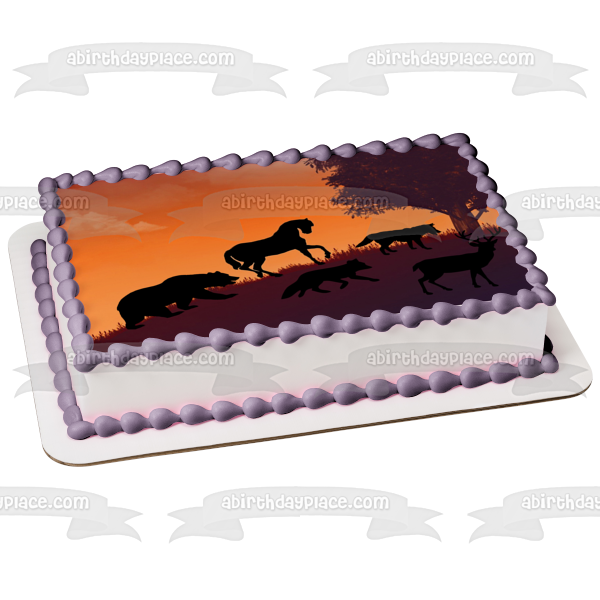 Animales de vida silvestre escalando una colina puesta de sol ciervo lobo zorro caballo oso naturaleza silueta comestible decoración para tarta imagen ABPID53376 