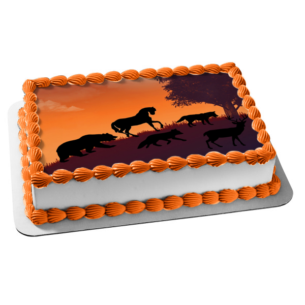 Wildlife Animals Climbing a Hill Sunset Deer Wolf Fox Horse Bear Nature Silhouette Edible Cake Topper Image ABPID53376